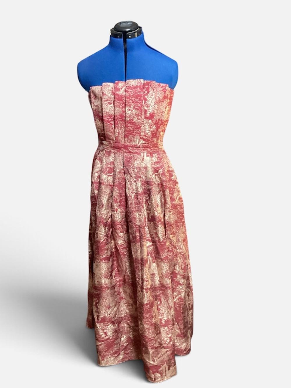NWT entro Strapless Pink and Cream Printed Midi Dress with Pleated Bodice